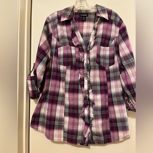Lane bryant shirt size 18/20 purple black plaid 100% cotton ruffle front
